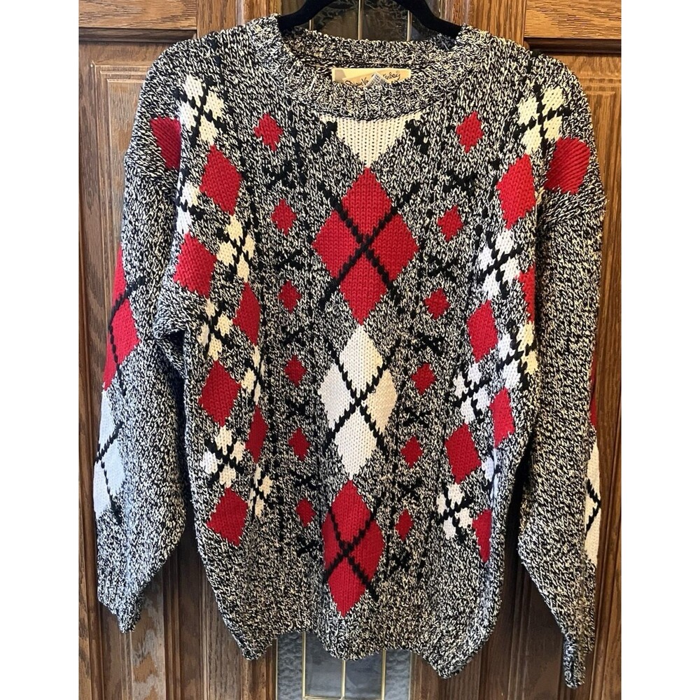 VTG Diane Von Furstenberg Women's Sweater Argyle Size S Preppy Y2K Grey Red Silk